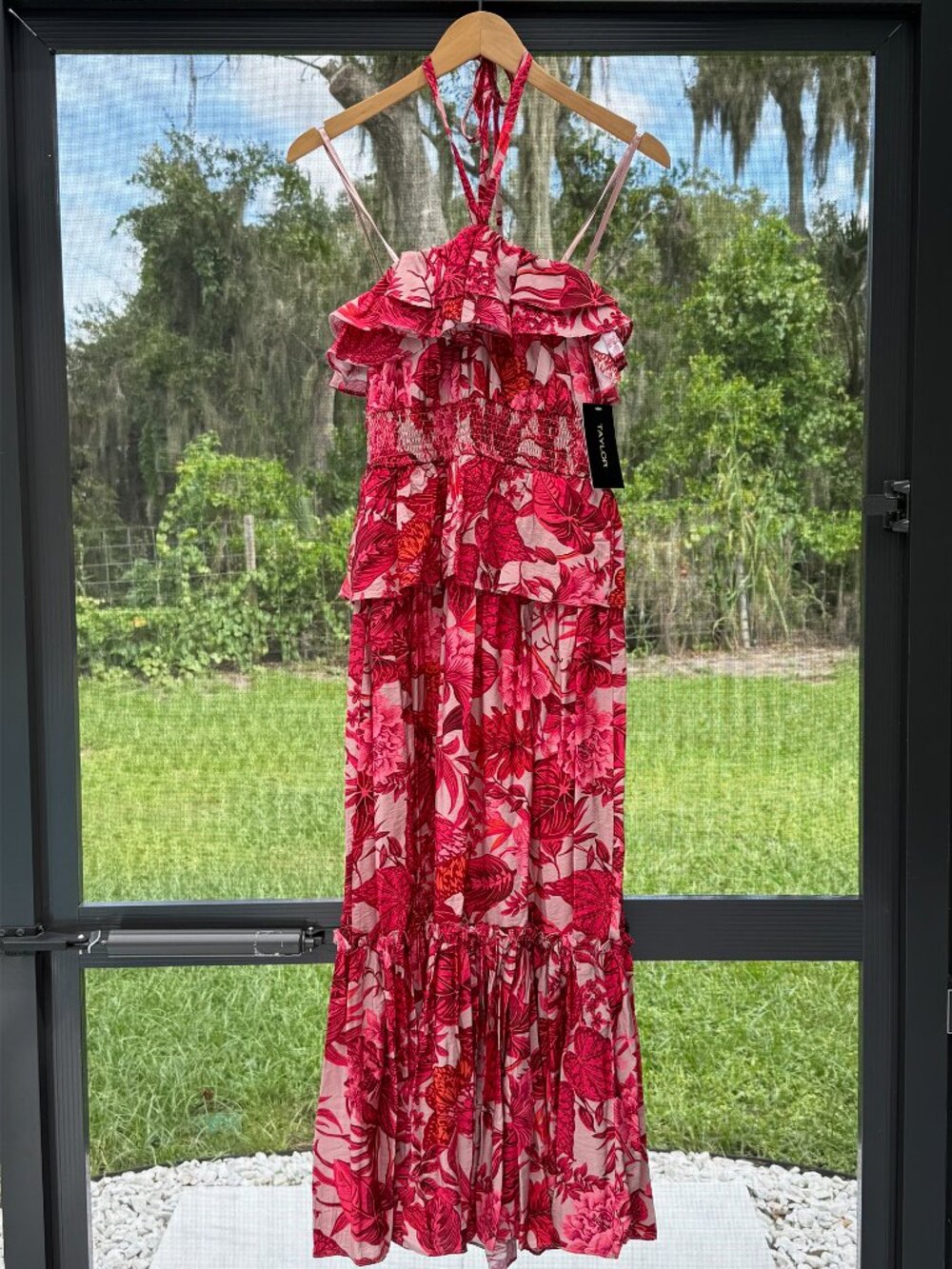 Taylor Women's Red Square Neck Floral Smocked Pull-on Dress NWT Red & Pink Sz 6